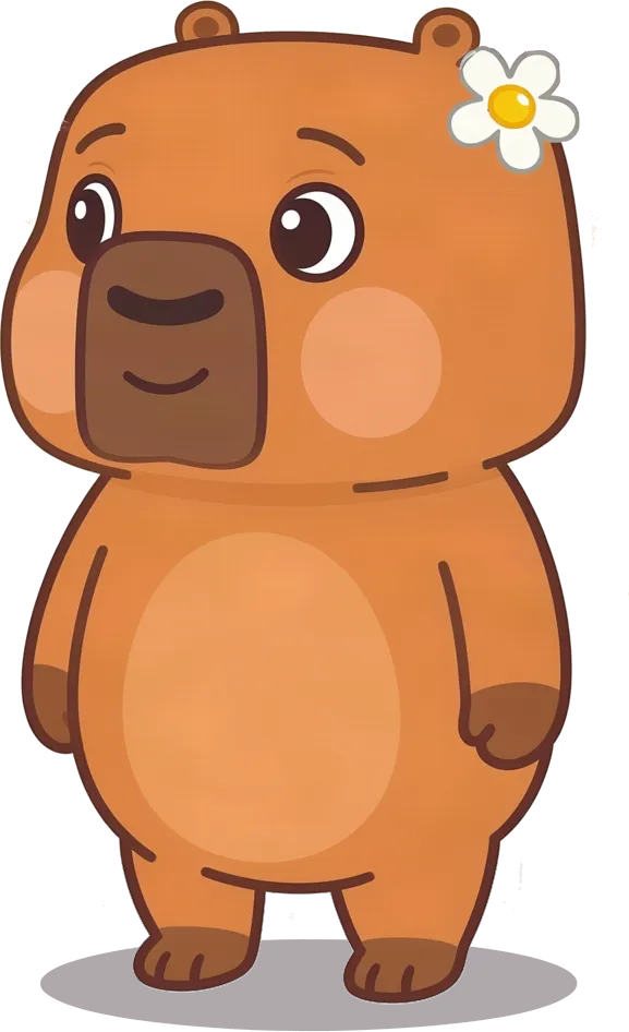Capi, a capivara de LUPICA, de pelo marrom, com uma margarida branca perto da orelha
