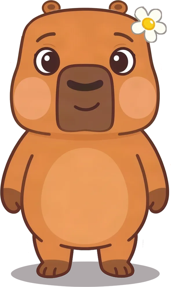 Capi, la capybara de LUPICA, à la fourrure brune, avec une marguerite blanche près de l’oreille