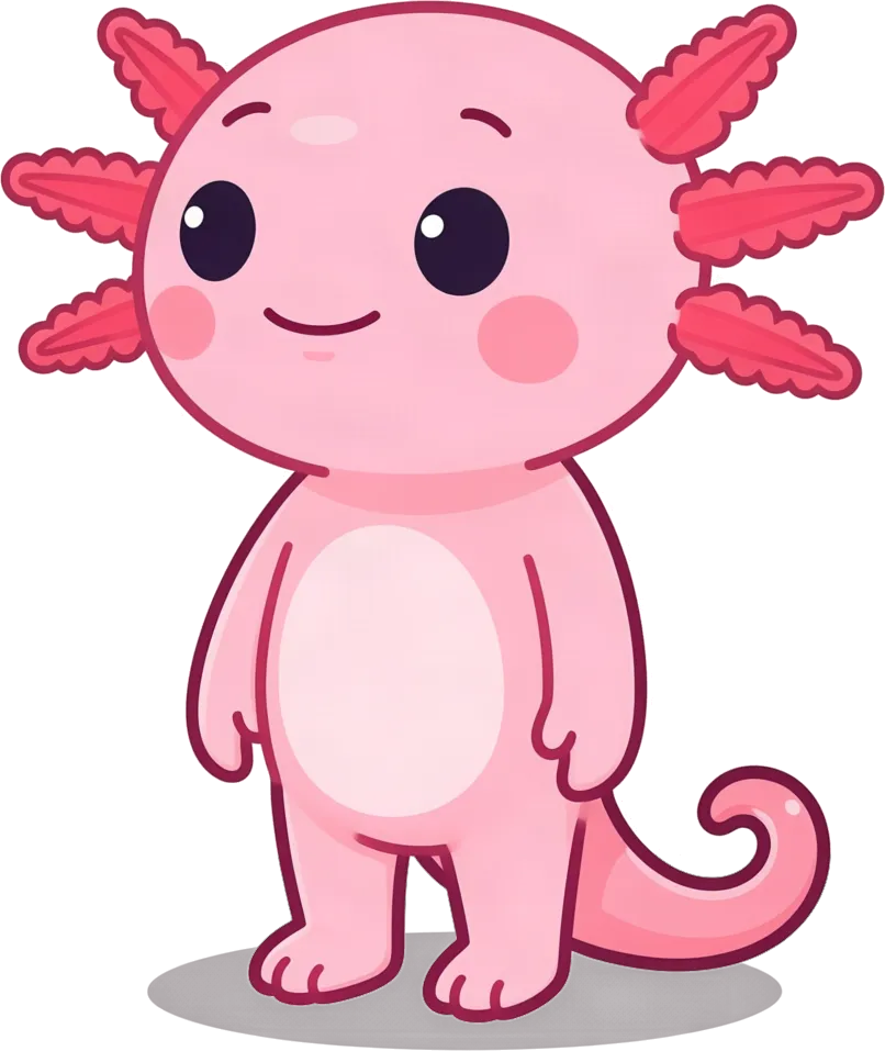 Léo, le petit axolotl rose de LUPICA, souriant, avec ses branchies roses de chaque côté de la tête