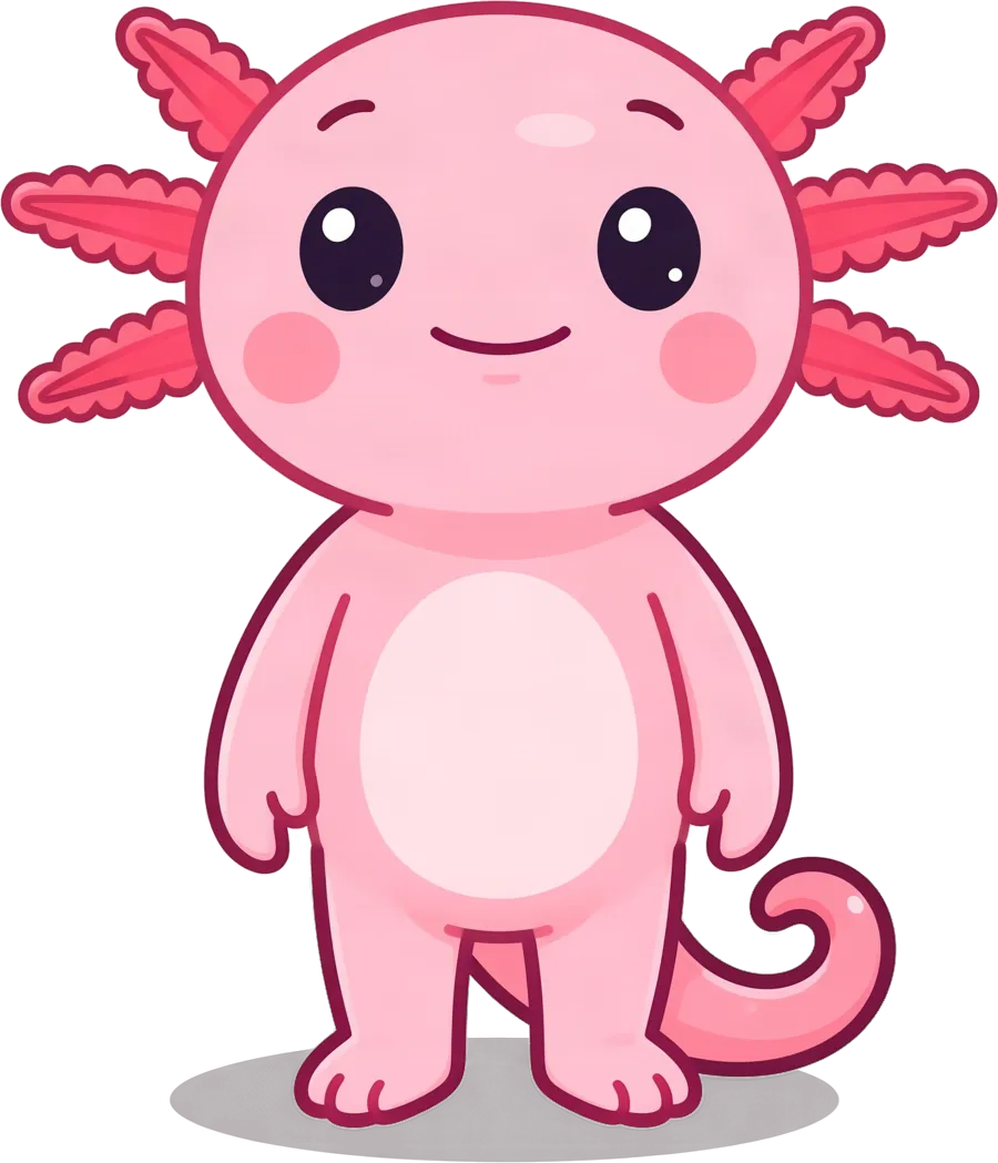 Léo, le petit axolotl rose de LUPICA, souriant, avec ses branchies roses de chaque côté de la tête